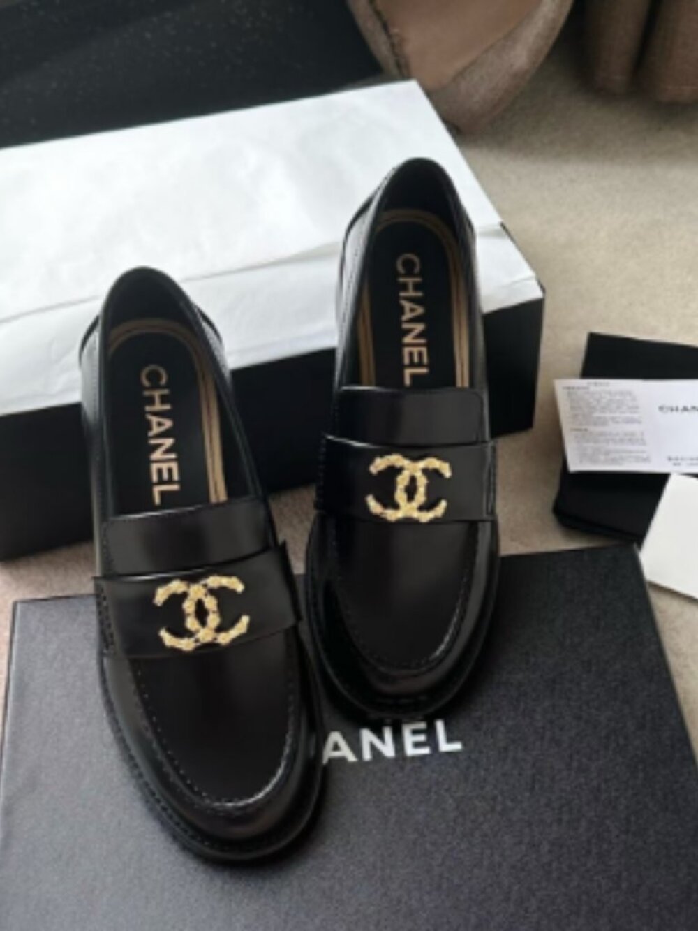 Chanel Black Leather CC Logo Loafers
